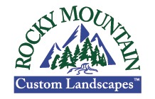 The image is a logo featuring the text "Rocky Mountain Custom Landscapes" with a graphic of green pine trees above rolling hills. It includes a trademark symbol.