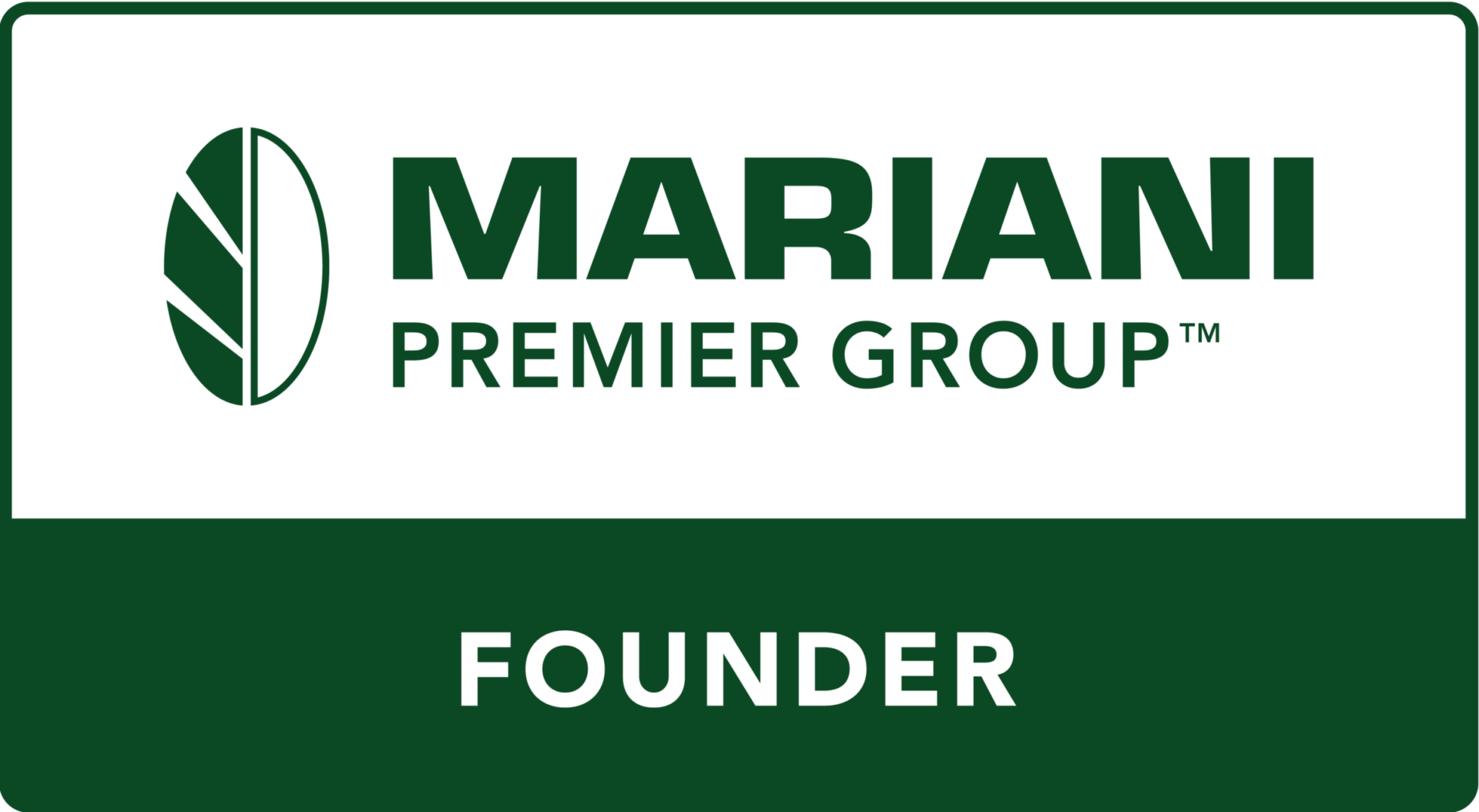 The image displays a logo for "MARIANI PREMIER GROUP" with a leaf motif and the word "FOUNDER" beneath it, all set against a green background.