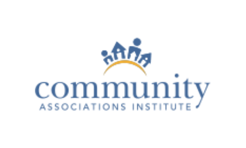 The image shows the logo of the Community Associations Institute, featuring stylized figures over the word "community" in blue, with additional descriptive text underneath.