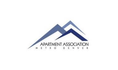 This is a logo featuring stylized blue peaks above the text "APARTMENT ASSOCIATION METRO DENVER," suggesting mountains or rooftops in a simple, modern design.