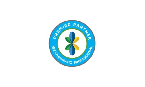 The image shows a circular logo with the text "Premier Partner" and "Weathermatic Professional" around a stylized flower in blue, green, and yellow tones.
