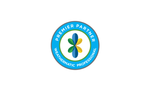 The image shows a circular logo with the text "Premier Partner" and "Weathermatic Professional" around a stylized flower in blue, green, and yellow tones.