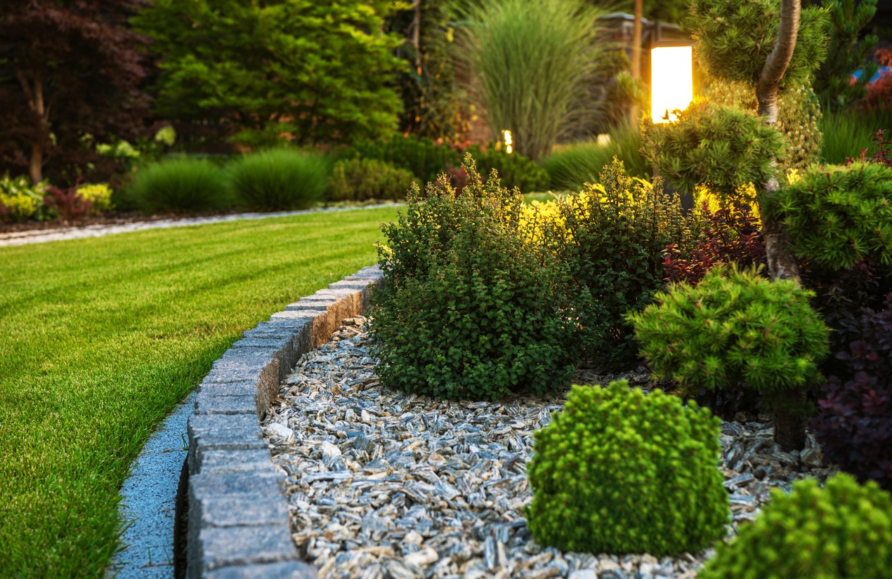 A well-manicured garden with vibrant green grass, assorted shrubs, a stone border, wood chips, and an illuminated outdoor lantern at dusk.