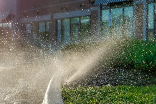A sprinkler system is watering grass with a fine mist, creating a sparkling effect in the sunlight, with a building and windows in the background.