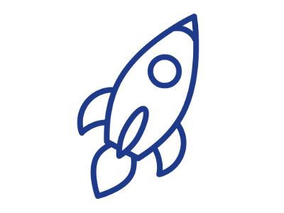 This is a simple, stylized icon of a rocket. It is composed of basic shapes, with a solid outline against a solid background.