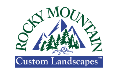 The image shows a logo with stylized text "Rocky Mountain" over mountains and trees, and "Custom Landscapes" written below in a blue rectangle. It includes a trademark symbol.