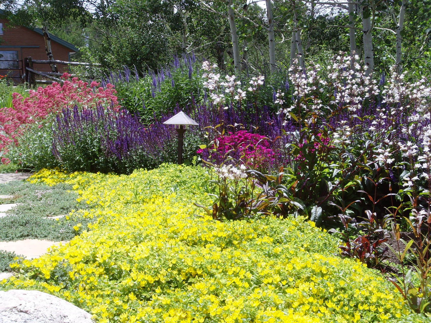 A vibrant garden flourishing with yellow, purple, and pink flowers, stone pathways, a small lamp post, surrounded by trees and a structure in the background.
