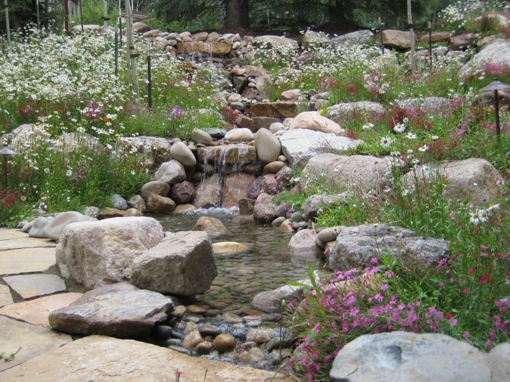 A tranquil garden scene with a stone-lined pond and waterfall surrounded by blooming wildflowers, large rocks, and a flagstone path.